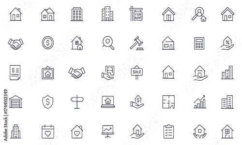 Real estate line icon set, property and home symbols, house, apartment, condo, building, mortgage, key, contract, handshake, money, investment, auction, garage, loan, business, blueprint, architecture