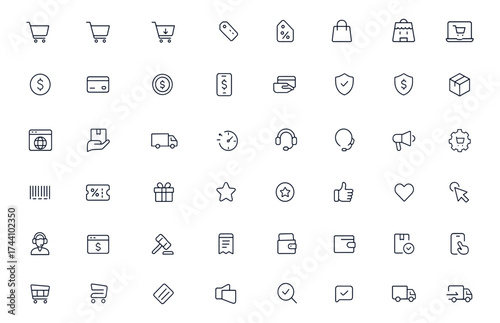 E-commerce shopping icons set, editable vector set for online store, payment, cart, discount, delivery, auction, coupon, business, webshop, mobile purchase, credit card, and shipping illustration
