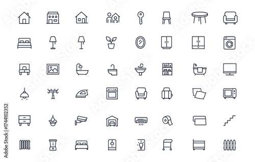 Home furniture icon set, lifestyle and interior design collection with appliances, property, apartment, family house, rental room, condo, table, chair, couch, lighting, window, key, and more