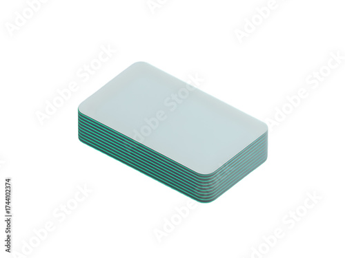 Stack of blank 3D cards with rounded corners and glowing teal edges ready for branding isolated on transparent background