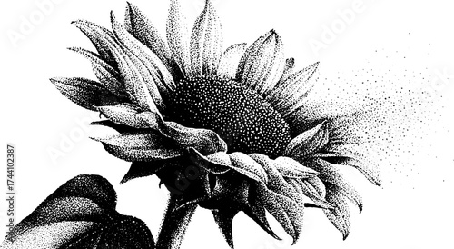 Intricate stipple illustration of sunflower in dotwork style for artistic design