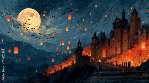 Night Sky Lantern Festival: A magical night scene where countless illuminated lanterns drift upwards, casting a warm, ethereal glow against the canvas of the night sky, featuring a medieval castle. 