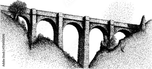 Detailed dotwork stippling illustration of a stone bridge in scenic landscape