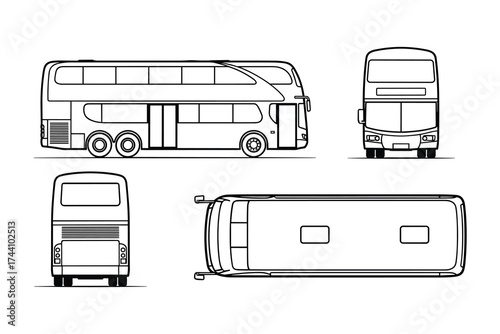 Double Decker Bus Outline, side, front, top, and back views