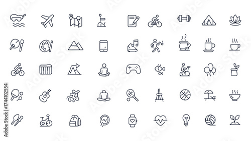 Hobby and lifestyle icon collection with travel, fitness, music, outdoor activities, sports, reading, camping, cooking, wellness, photography, aromatherapy, dancing, basketball, and relaxation