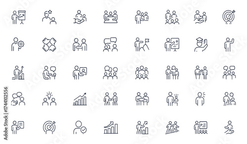 Coaching line icon set with editable stroke, featuring business, teamwork, leadership, communication, counselor, client support, advisor, training, management, success, and growth concepts