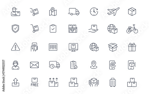 Delivery and shipping icon pack with courier, transport, logistics, warehouse, truck, airplane, shopping cart, barcode, smartphone, order, map, baggage, express cargo, parcel, postal service