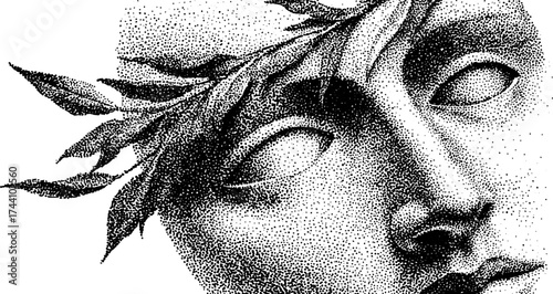 Intricate greek theatrical mask illustration with dotwork stippling technique