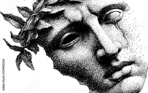 Detailed dotwork stippling illustration of a theatrical greek mask for art and design projects