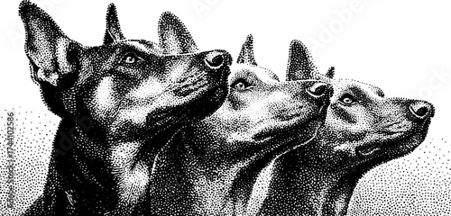 Three headed dog stipple art illustration. Dotwork detailed intricate creative design