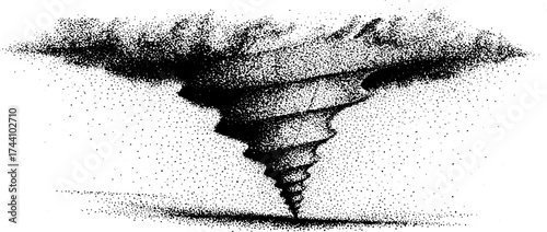 Intricate dotwork stipple illustration of a tornado spiral design for art prints