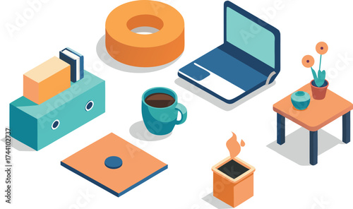 Isometric organized home office setup with laptop desk and accessories scalable vector illustration