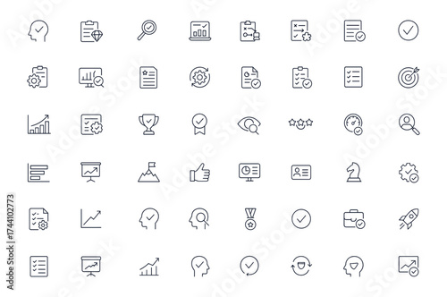 Quality audit and assessment line icons set, editable vector illustration of analysis, planning, evaluation, performance, business strategy, results, progress, goals, report, success, management