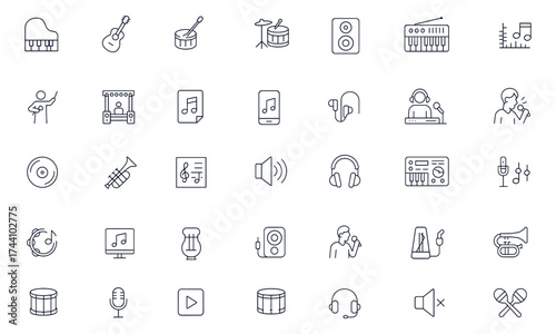 Music instruments icon set, featuring piano, guitar, drum, microphone, DJ mixer, equalizer, radio, karaoke, orchestra, concert, sound, playlist, trumpet, synthesizer, vector illustration for studio