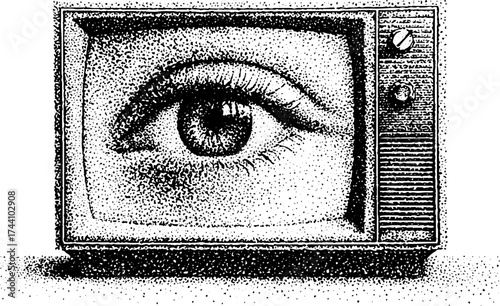Vintage television with eye in dotwork stipple art illustration for retro design