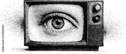 Retro television with eye illustration in dotwork style for creative design