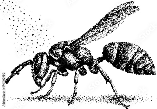 Detailed dotwork stipple illustration of a wasp in defensive posture for artistic design projects