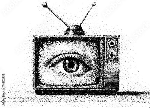 Retro television with eye symbol dotwork stippling design for home decor