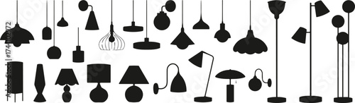 Black silhouette icons of various lamp types including ceiling, table, wall-mounted, and floor lamps in modern and classic styles