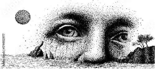 Enigmatic water spirit in dotwork stipple art – detailed illustration for creative designs
