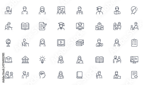 School and education teacher line icons set for lecture, classroom, student, study, reading, workshop, exam, e-learning, campus, graduation, training, learning, vector illustration, icon