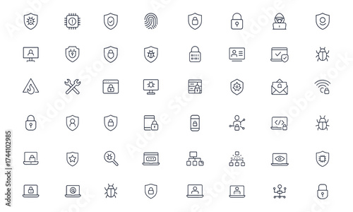 Cybersecurity icons set with data encryption, hacker protection, biometric fingerprint, virus shield, digital certificate, network firewall, online privacy, secure connection, and mobile access,