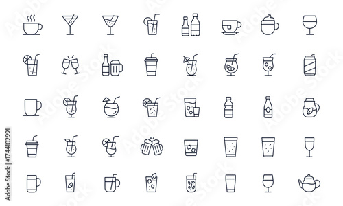 Editable drink icon set featuring coffee, cocktail, wine, alcohol, juice, tea, cappuccino, soda, mineral water, smoothie, beer, glass, mug, bar beverage symbols, vector illustration for café