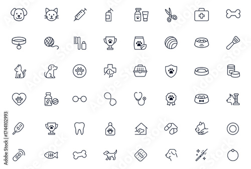 Pets icon set featuring dogs, cats, and veterinary essentials including vaccines, grooming tools, food bowls, first aid kits, leashes, collars, kennels, toys, and animal care accessories, vector