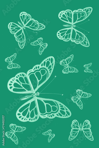White decorative butterflies on a green background