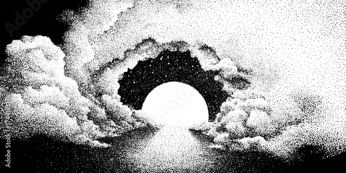 Surreal dotwork stippling illustration of floating window in cloudscape
