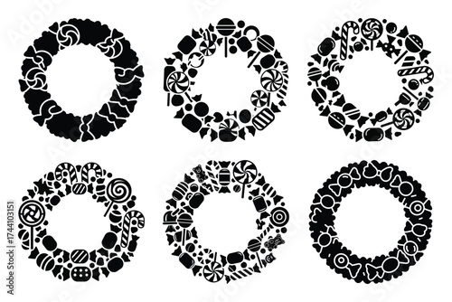 candy wreath silhouette christmas vector icon set