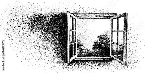 Intricate dotwork stippling of open window with scenic view for art prints and posters