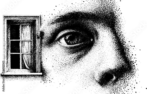 Intriguing window and face in dotwork stippling art for unique design concepts