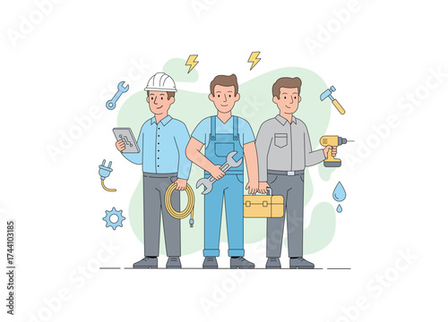 A group of three skilled workers or handymen, representing various technical and trade professions. A team concept that signifies home services, maintenance, installation, and skilled labor.
