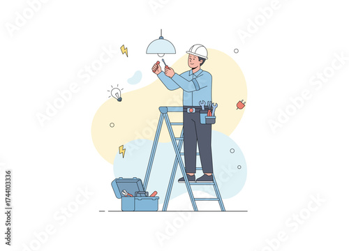 A male electrician worker in a hard hat and blue uniform is safely standing on a step ladder, focused on changing a light bulb. Electricians perform their duties with determination.