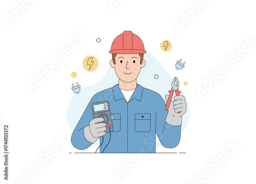 A male electrician worker wearing a red hard hat and blue uniform. He is holding essential tools of his trade: a digital multimeter for testing electrical currents and a pair of pliers in gloved hands