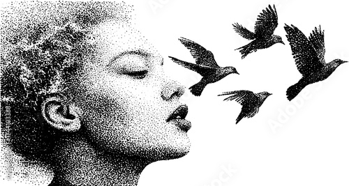 Artistic dotwork stipple illustration of woman with birds in flight
