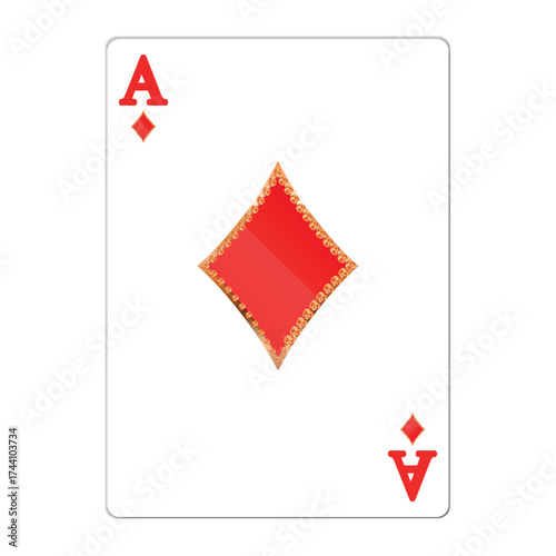 Ace of diamonds. Playing card with golden elements. Casino icons. Pictograms representing different suits. Vector illustration. Flat design for modern visual elements.