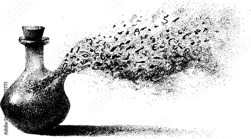 Alchemical flask with dotwork stippling and emanating ether for magical design