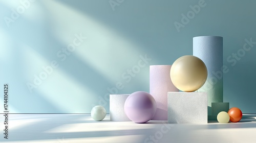 Arrangement of 3d pastel spheres and blocks in soft natural light, modern abstract scene with clean minimal composition