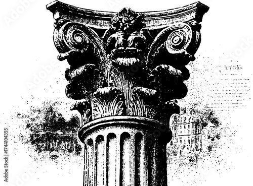 Detailed stipple dotwork illustration of an antique column with intricate design