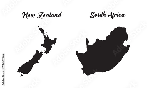 New Zealand VS South Africa map black silhoutte vector isolated on white. 