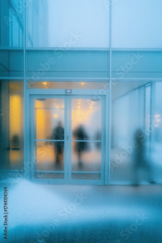 Blurry figures entering corporate building through glass doors, condensation and frost, muted interior lighting, snow falling outside