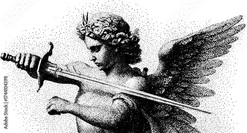 Intricate dotwork stippling of an archangel with sword - vintage art design