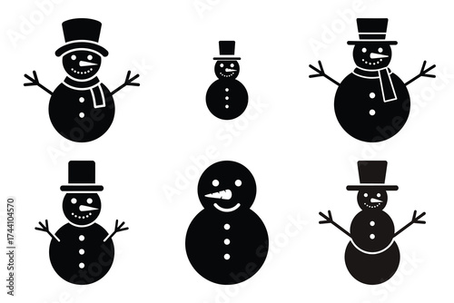 frosty snowman silhouette christmas vector icon set