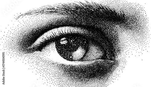 Intricate dotwork stippling illustration of a human eye mid-close-up for design projects