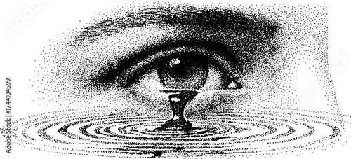 Intricate dotwork of a dripping eye creating ripples
