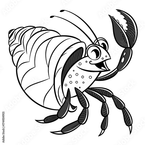 White back ground a black and white illustration of a hermit crab dancing.