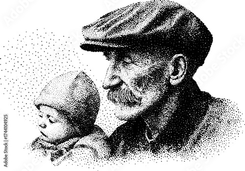 Generational bond: vintage dotwork of elderly man with child