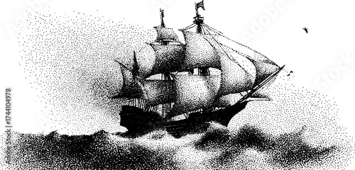 Intricate dotwork stippling illustration of a vintage sailing ship at sea